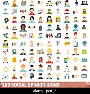 100 social opinion icons set, flat style Stock Vector