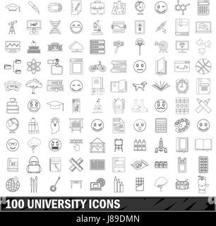 100 university icons set, outline style Stock Vector