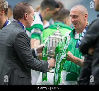 Celtic's Scott Brown and manager Brendan Rodgers with cup after the William Hill Scottish Cup final at Hampden Park, Glasgow. Stock Photo