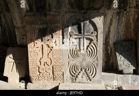 Armenian khachkar - hand carved stones, traditional Armenian Christian art. Location: Sanahin monastery, Alaverdi, Armenia Stock Photo