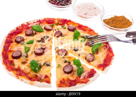 Pizza with sausages and cheese on white background Stock Photo