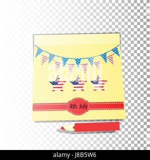 The pages of the notebook are yellow. Sticker with a red pencil. Logo. Three stars and festive flags. Stock Vector