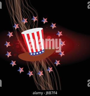 Hat coloring america flag in a circle of stars. On a red background with neon lights. Stock Vector