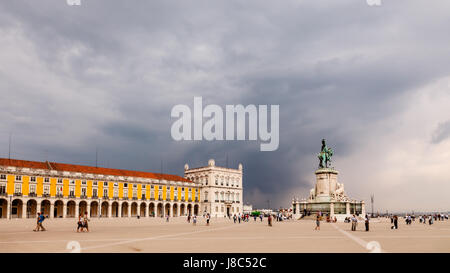Panorama of Praca do Comercio and Statue of King Jose I in Lisbon, Portugal Stock Photo
