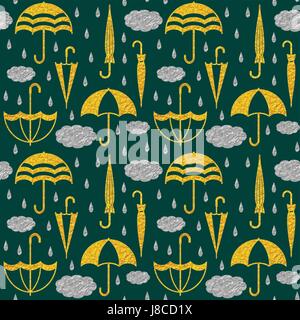 Golden umbrellas and silver clouds and raindrops on dark green  background vector seamless pattern Stock Vector