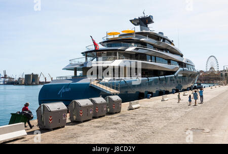 Aviva mega yacht, super yacht, yacht, yachts, owned by British billionaire businessman Joe Lewis, moored in the port of Malaga, Andalusia, Spain. Stock Photo