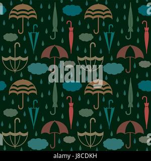 Retro umbrellas with clouds and raindrops vector seamless pattern background Stock Vector