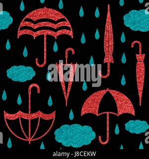 Umbrellas with clouds and raindrops on black background vector seamless pattern Stock Vector