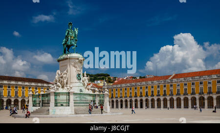 Panorama of Praca do Comercio and Statue of King Jose I in Lisbon, Portugal Stock Photo
