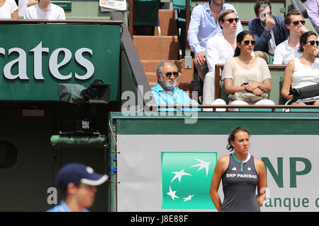 Paris, France. 28th May, 2017. Romanian former tennis player and billionaire Ion Tiriac is watching the match in the 1st round of the WTA French Open in Roland Garros between German tennis player Angelique Kerber vs Russian player Ekaterina Makarova on May 28, 2017 in Paris, France. Credit: Yan Lerval/Alamy Live News Stock Photo