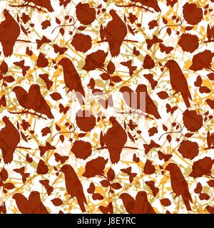 Golden vector pattern with silhouettes of birds, butterflies and Stock Vector