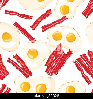 Bright fried eggs with bacon, breakfast seamless pattern on white Stock Vector