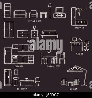 Vector hand drawn home furniture outline icons on blackboard. Stock Vector