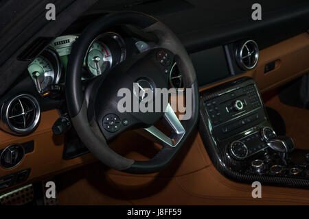 Interior of the sports car Mercedes-Benz SLS AMG Coupe, 2012. Europe's greatest classic car exhibition 'RETRO CLASSICS' Stock Photo