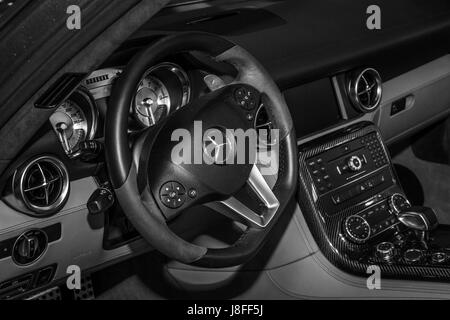 Interior of the sports car Mercedes-Benz SLS AMG Coupe, 2012. Black and white. Europe's greatest classic car exhibition 'RETRO CLASSICS' Stock Photo