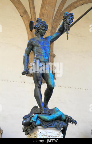 Cellini's Perseus with the head of Medusa in the Loggia dei Lanzi or Loggia della Signoria, Piazza della Signoria, Florence, Tuscany, Italy, Europe. Stock Photo