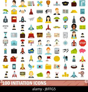 100 initiation icons set, flat style Stock Vector