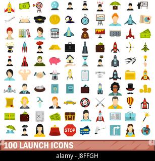 100 launch icons set, flat style Stock Vector