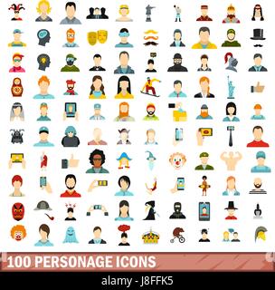 100 personage icons set, flat style Stock Vector
