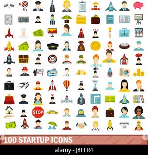 100 startup icons set, flat style Stock Vector