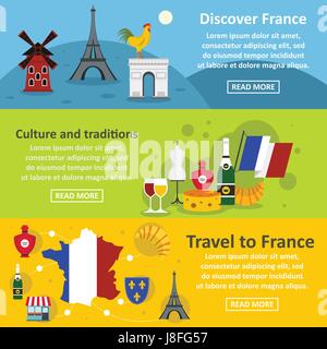 France travel banner horizontal set, flat style Stock Vector