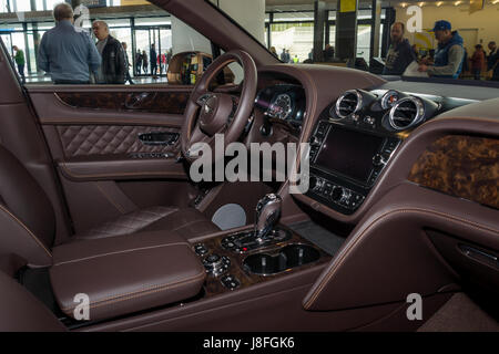 Interior of the large luxury crossover SUV Bentley Bentayga, 2016. Europe's greatest classic car exhibition "RETRO CLASSICS" Stock Photo