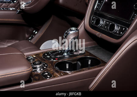 Interior of the large luxury crossover SUV Bentley Bentayga, 2016. Europe's greatest classic car exhibition "RETRO CLASSICS" Stock Photo
