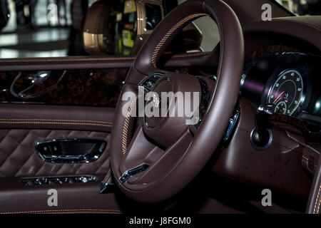 Interior of the large luxury crossover SUV Bentley Bentayga, 2016. Europe's greatest classic car exhibition "RETRO CLASSICS" Stock Photo