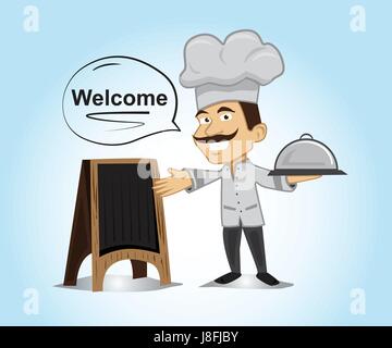 chef character pointing to wood menu board with holding on his left hand a dish cover Stock Vector