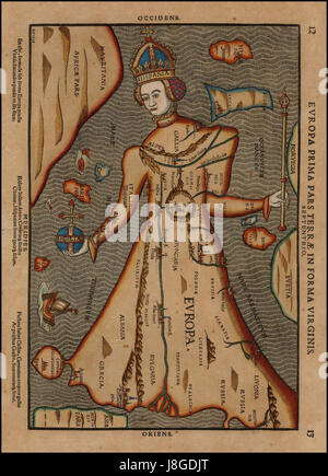 Historical Map Europa Prima Pars Terrae in Forma Virginis C.P.1548 standing Stock Photo