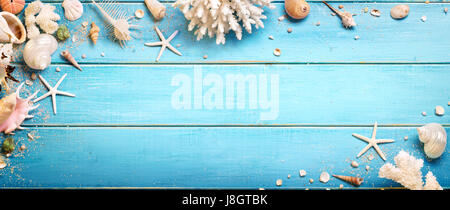 Seashells On Blue Wooden Background - Beach Concept Stock Photo