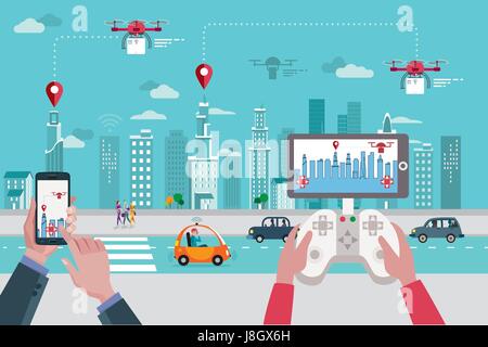 People launching drones by different remote control devices in front of the skyline of a big modern city with skyscrapers. Stock Vector
