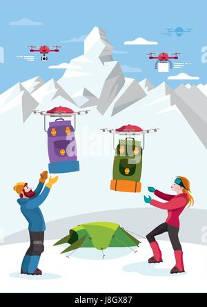 Climbers Receive Backpacks by Drones. Another drone is prepared to film their climb. Stock Vector