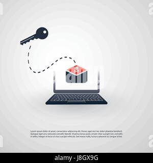 Laptop and Envelope, Skull and Key Icon - Virus, Malware, Ransomware, Fraud, Spam, Phishing, Email Scam, Hacker Attack - IT Security Concept Design Stock Vector