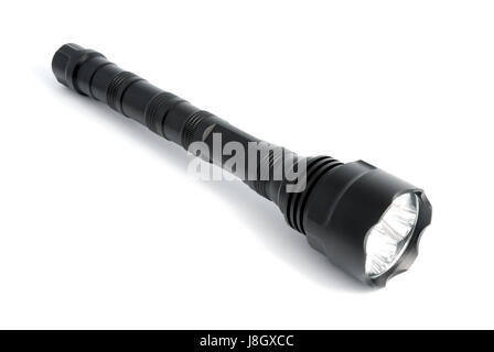 A black metal coated flashlight isolated on white Stock Photo