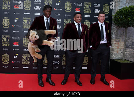 Maro Itoje (left), Mako Vunipola (centre)and Justin Tipuric during the arrivals for the British and Irish Lions farewell dinner at The Roundhouse, Camden, London. Stock Photo