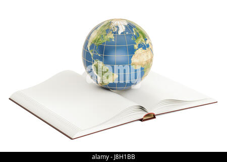 E-learning concept, opened book with Earth globe. 3D rendering isolated on white background Stock Photo