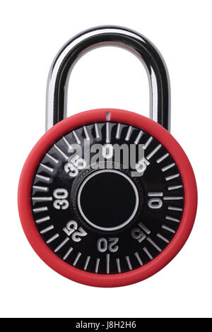 Isolated objects: small red combination padlock, isolated on white background Stock Photo
