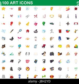 100 art icons set, cartoon style Stock Vector