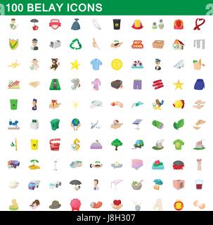 100 belay icons set, cartoon style Stock Vector