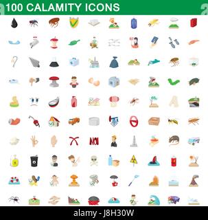 100 calamity icons set, cartoon style Stock Vector