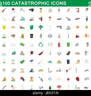 100 catastrophic icons set, cartoon style Stock Vector