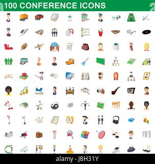 100 conference icons set, cartoon style Stock Vector