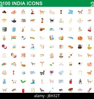 100 india icons set, cartoon style Stock Vector