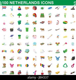 100 netherlands icons set, cartoon style Stock Vector