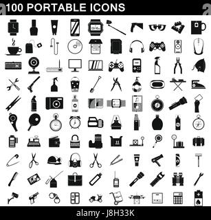 100 portable icons set, simple style Stock Vector