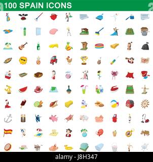 100 spain icons set, cartoon style Stock Vector