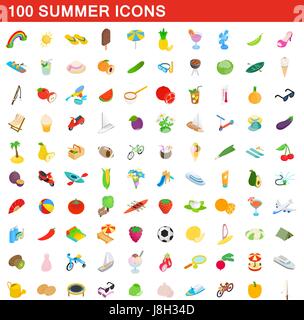 100 summer icons set, isometric 3d style Stock Vector