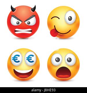 Smiley,smiling angry,sad,happy emoticon. Yellow face with emotions. Facial expression. 3d realistic emoji. Funny cartoon character.Mood. Web icon. Vector illustration. Stock Vector