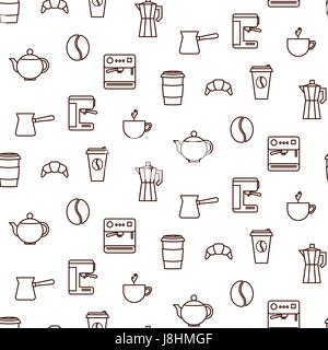 Coffee line icons seamless white vector pattern. Espresso shop tools background. Stock Vector